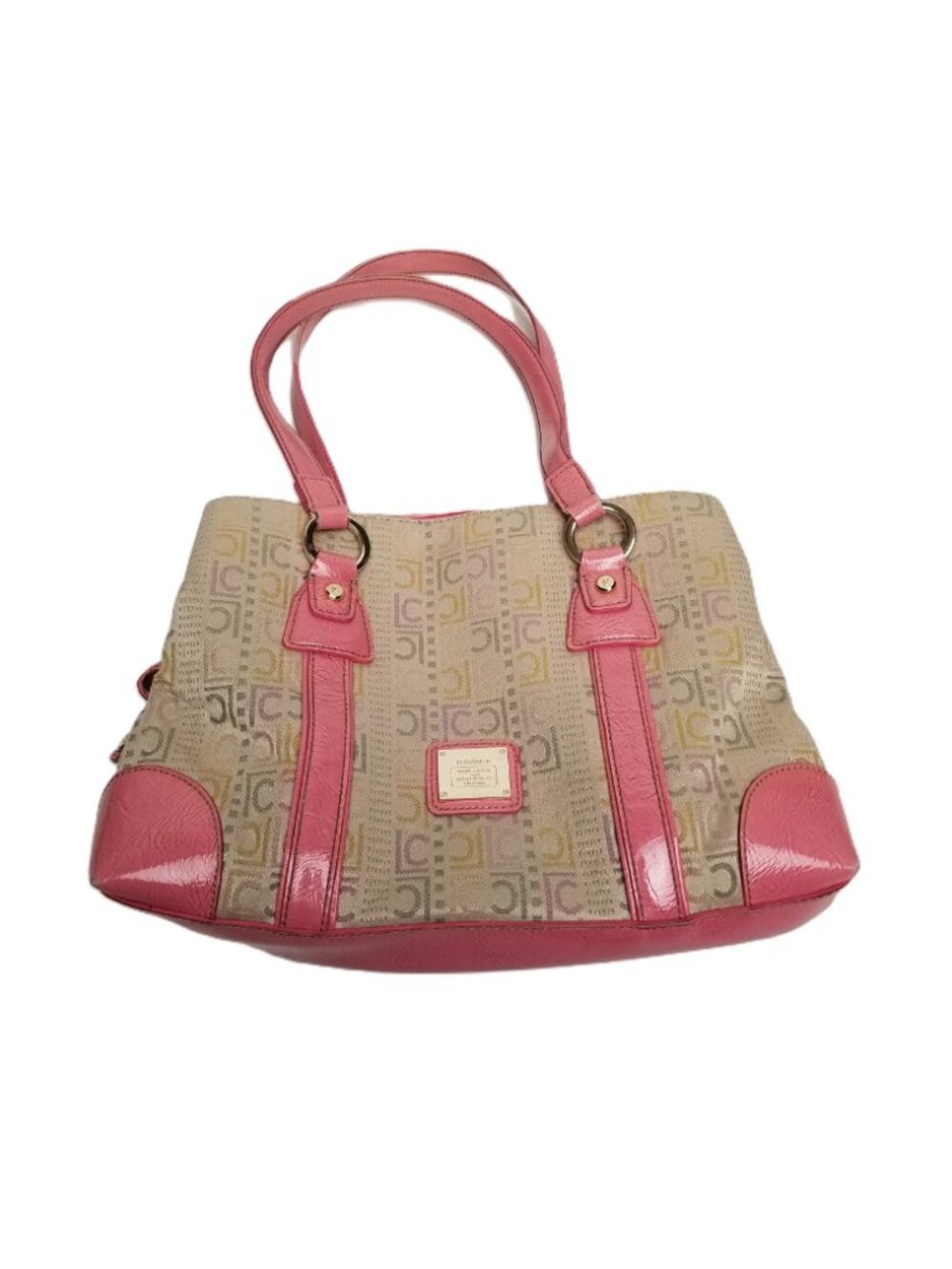 Liz Claiborne Pink Beige Logo Jacquard Satchel Handbag Y2K Preppy Vintage